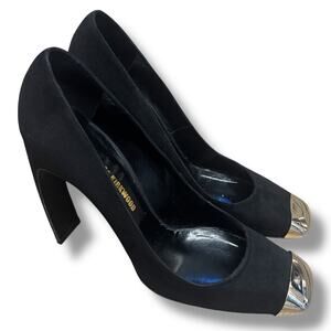 Nicholas Kirkwood Shoes Black Suede Silver Cap Toe Curved High Heels Size 39